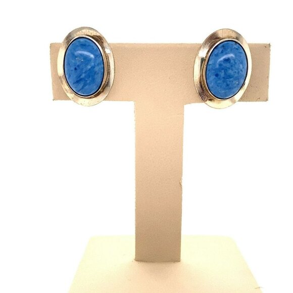 VTG Estate Sterling Silver & Bright Blue Agate Oval Button Pierced Back Earrings - Picture 1 of 6